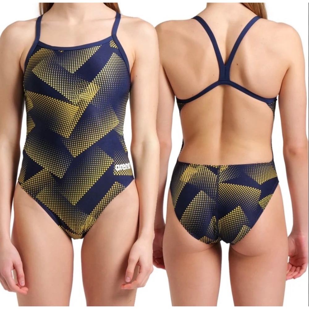 Arena Halftone Challenge Back Swimsuit Womens 30 Navy Yellow Geometric Athletic